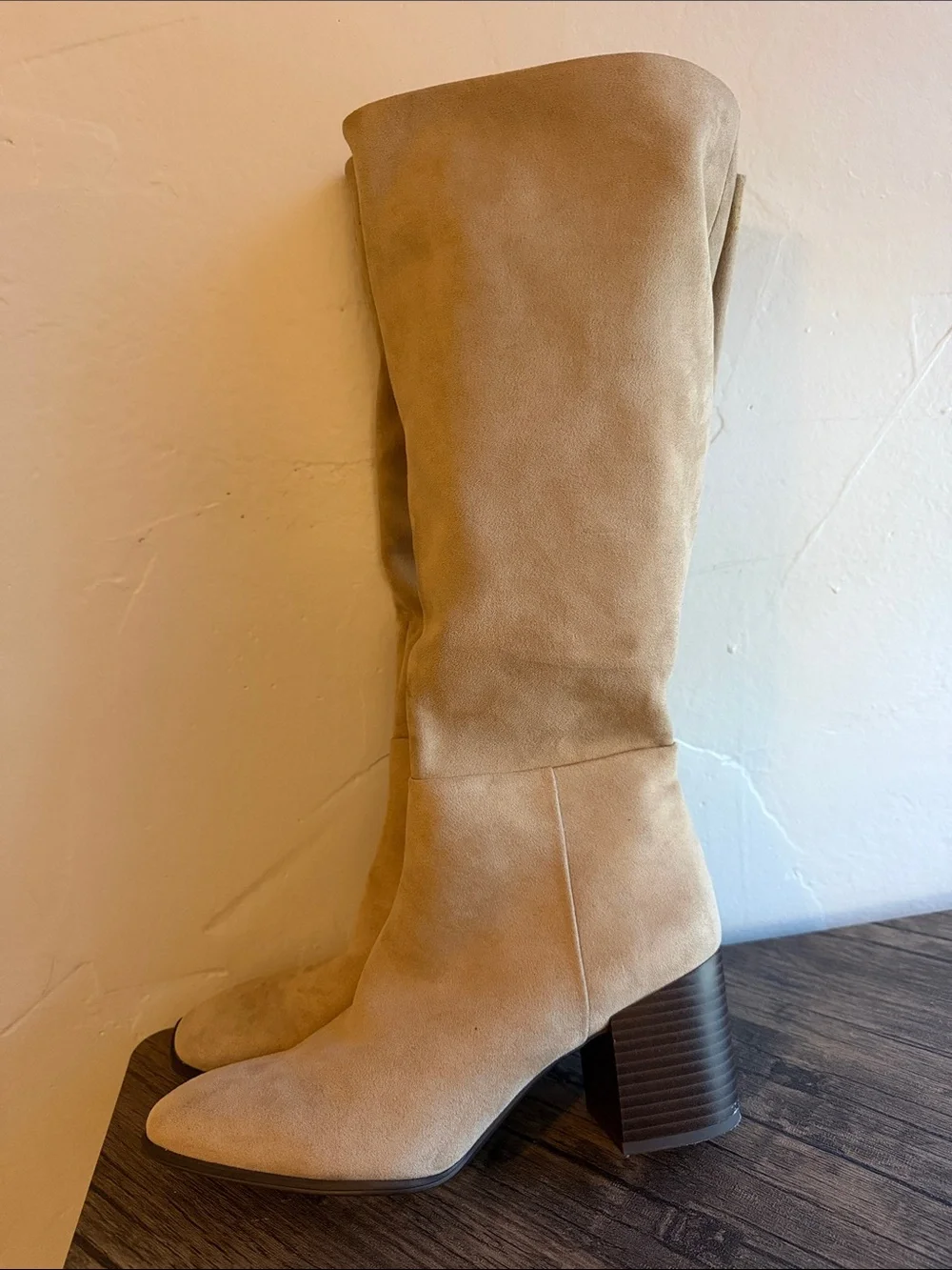 Over-The-Knee Suede Boots in Tan with Stacked Heel